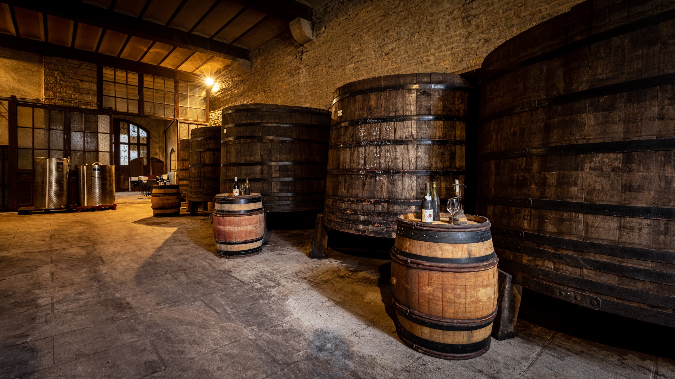 The vaulted cellar and its great oak casks