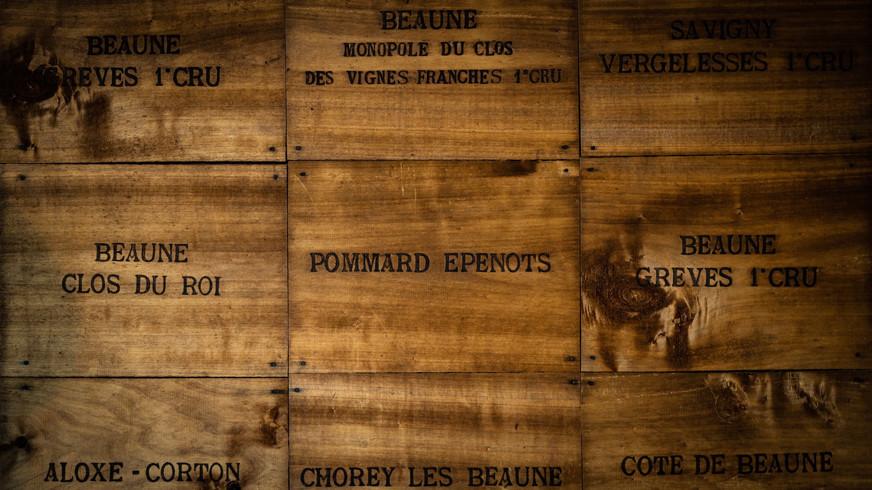 Wooden crates stamped with appellation names